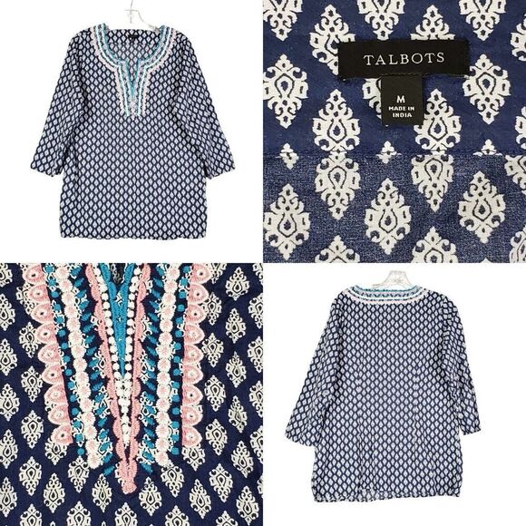 Talbots Tunic Top Size Medium Women’s Popover Blouse Cotton Embroidered LS - Picture 1 of 11